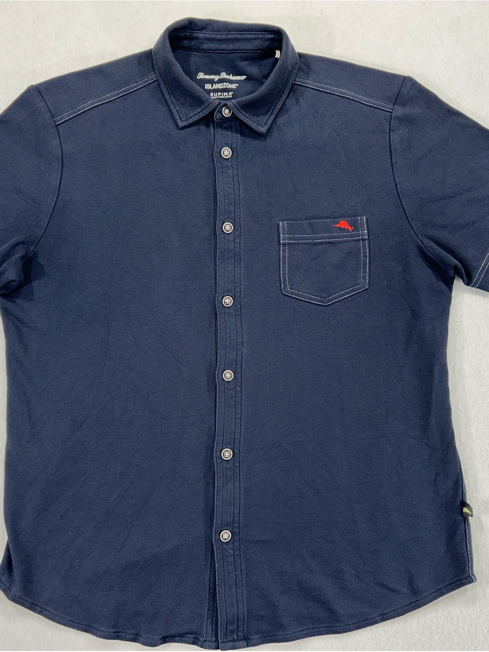 Tommy Bahama Navy Short-Sleeve Button-Down with Red Pocket Accent